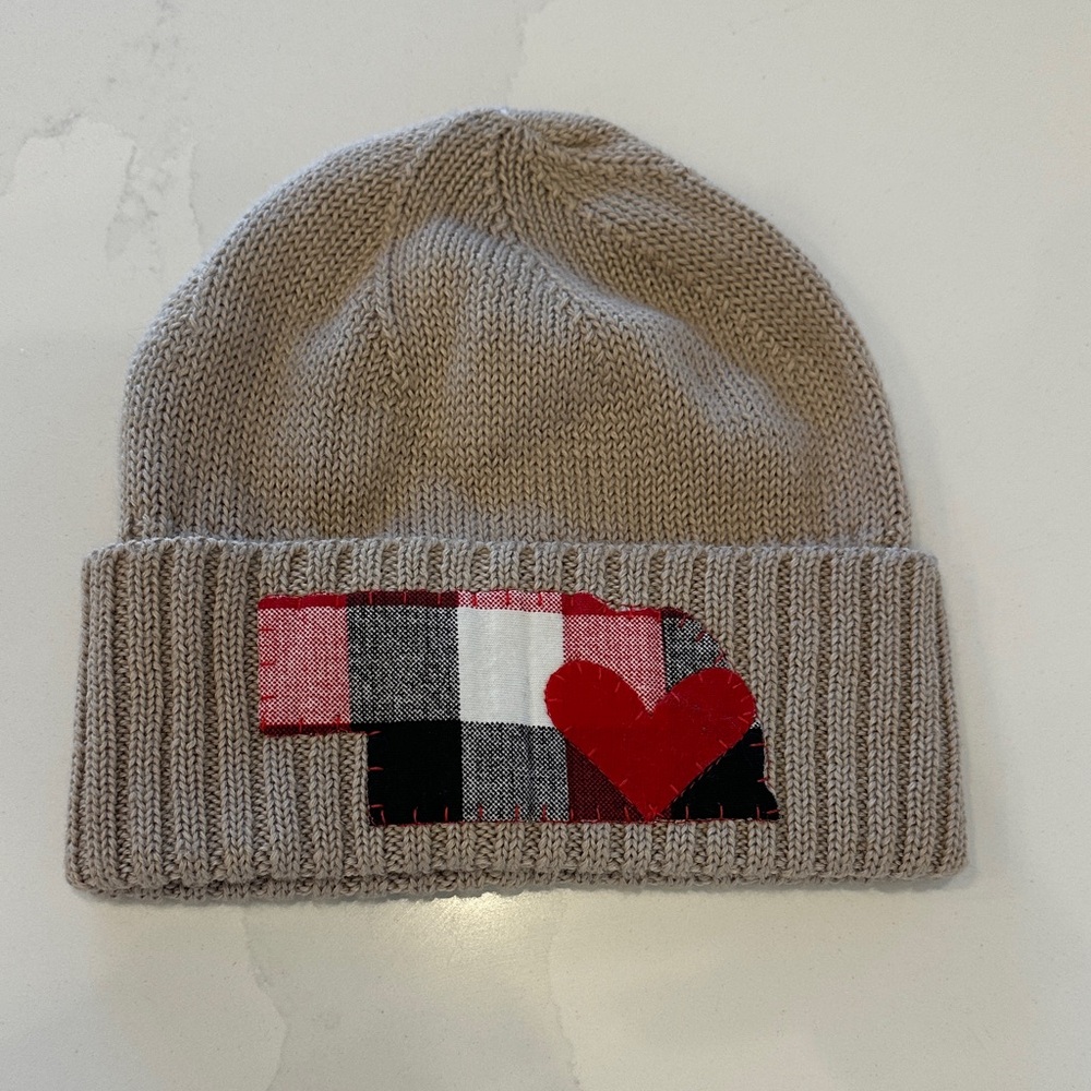 Alternative Nebraska Beige Knit Beanie | Plaid Patch | Red Heart | OS